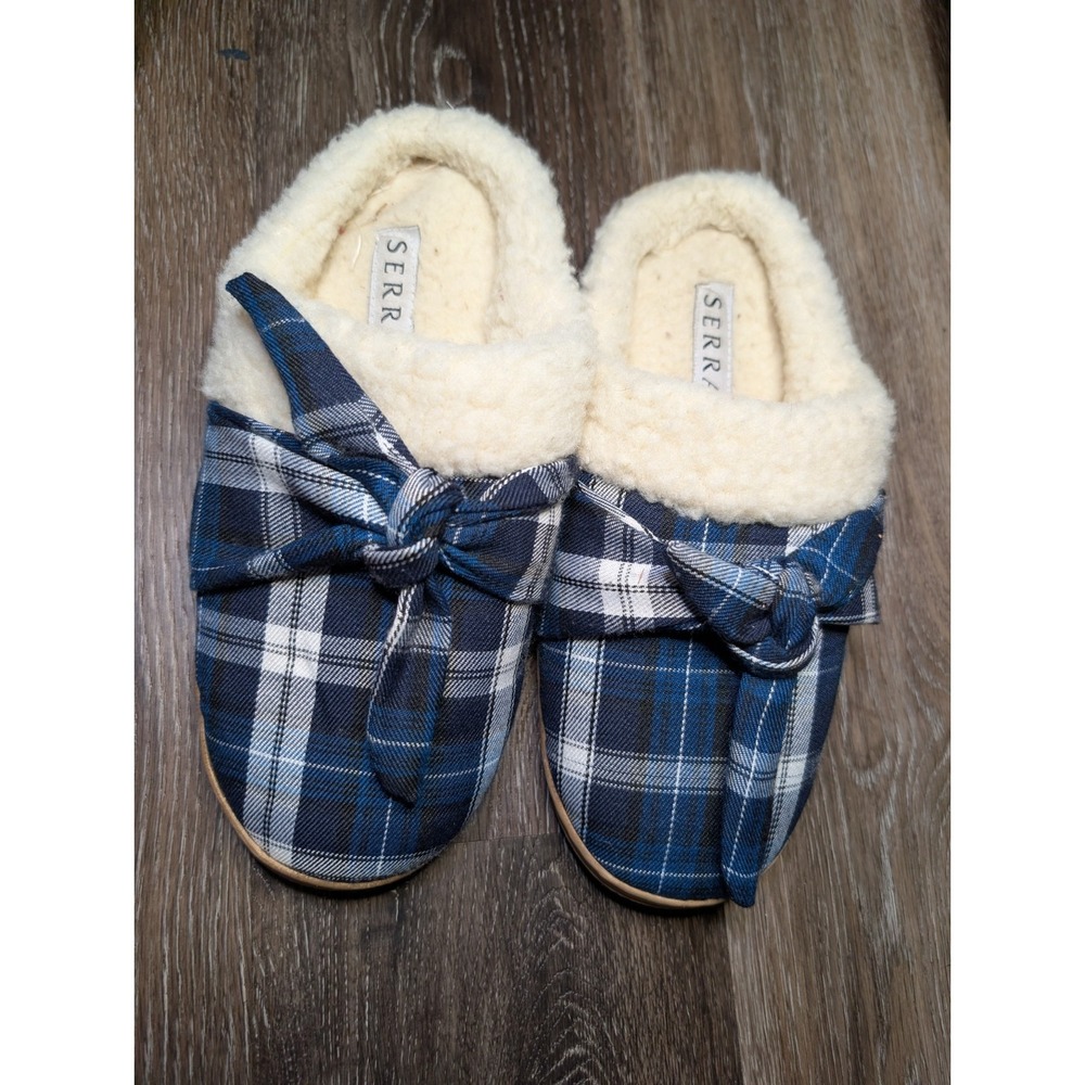 Serra Aldi Blue Plaid Bow Slippers Faux Fur Fleece Lined Mule Slides Size M 7-8